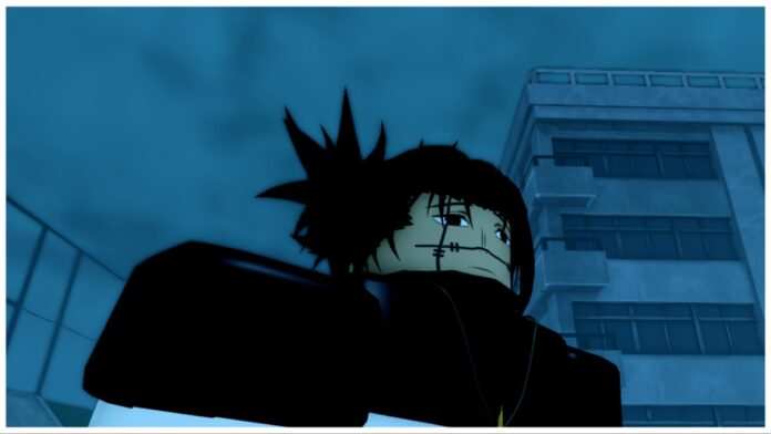 Feature image for our jujutsu odyssey weapons tier list showing a character up-close from a bottom-up view. The character is wearing dark attire and has markings on his face with dark hair in spiked buns. He looks rather melancholy