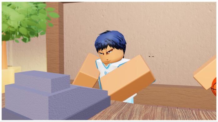 Feature image for our kurokus basket showdown codes guide sowing a character npc with blue hair at a till behind a wooden stall as he types away with a determined expression