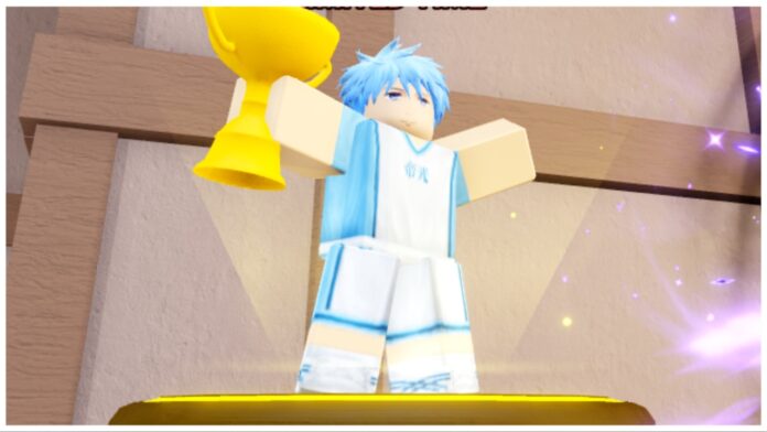 Feature image for our kurokus basket showdown style tie rlist showing a character with blue hair in a blue and white outfit holding a golden trophy with both arms extended