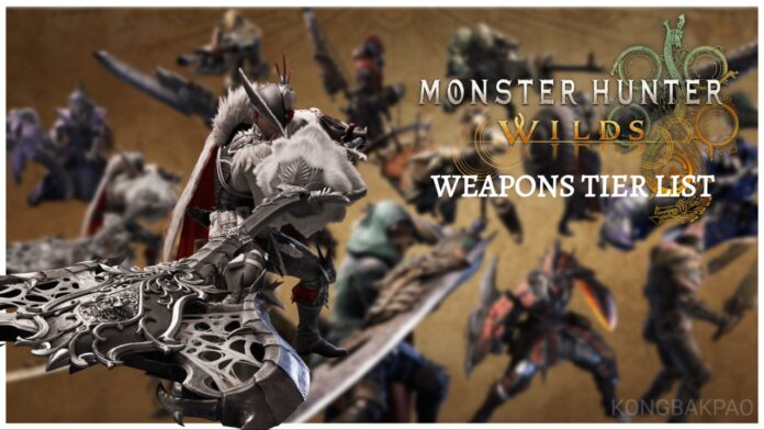 Feature image for our monster hunter wilds weapon tier list showing a blurred screen of characters holding every weapon in the game with one weapon highlighted at the front with the game logo on the right