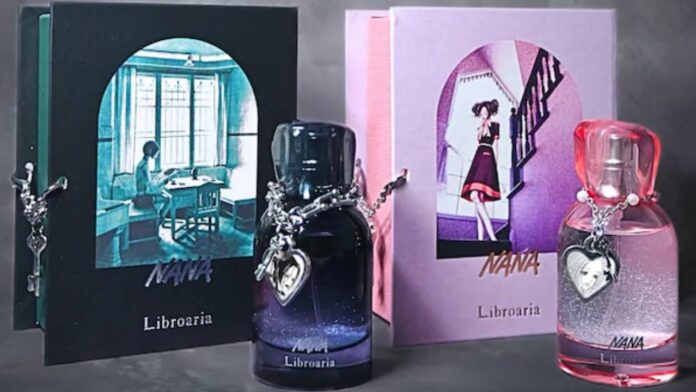 Both of the NANA perfumes, with Nana Osaki's on the left and Nana Komatsu's on the right. Both bottles are outside of the boxes.