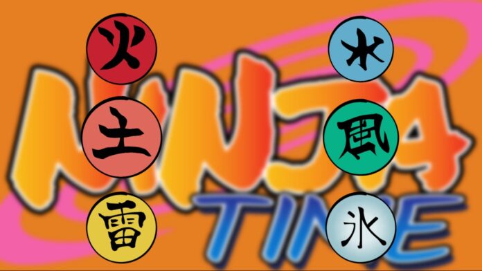 Feature image for our ninja time elements guide showing a blurred logo from the game with all 6 elements in circles in front of the logo