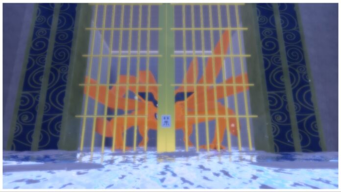 Feature image for our ninja time family tier list showing the nine tails raid boss behind bars from the loading screen of the game.