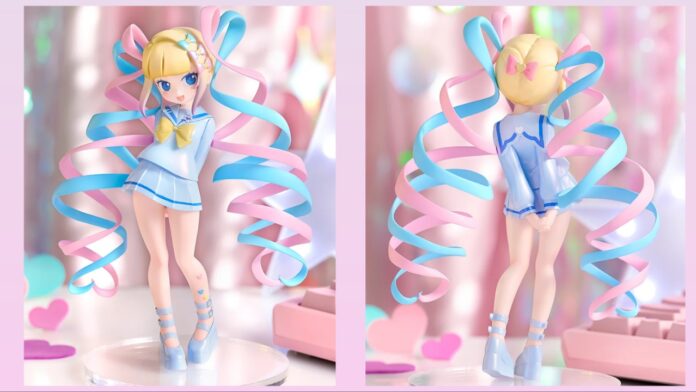 Feature image for our omgkawaiiangel popup parade figure news showing a front and back of the figure against a shimmery pink background