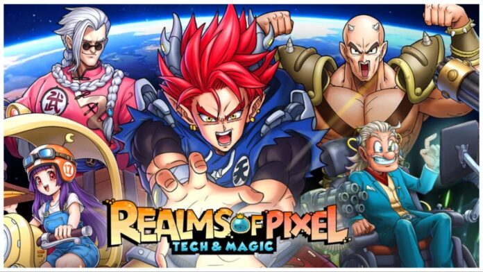 Feature image for our realms of pixel reroll guide showing a selection of characters in outer space facing the viewer with the game logo in the bottom middle