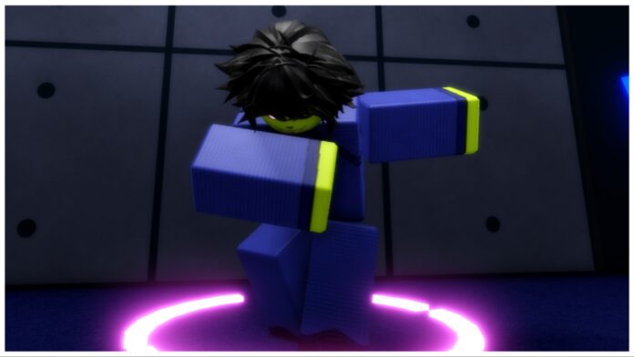 Feature image for our roblox locked unique weapons guide showing a player bowing in a blue training kit with a purple ring glowing around their feet