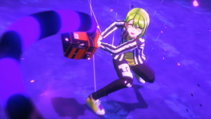 TRIBE NINE pre-registration news, with a green haired character wearing a black and white stripey shirt with black pants as they hold a box that has a worm-like creature coming out of it with purple and black stripes.