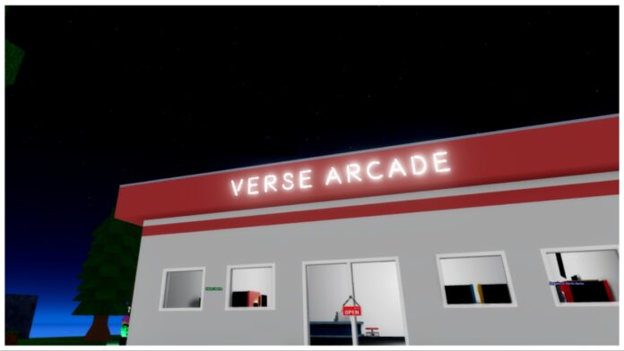 Feature image for our verse piece ability tier list showing the arcade entrance at night time which has white LED lights on the front of the building which read VERSE ARCADE