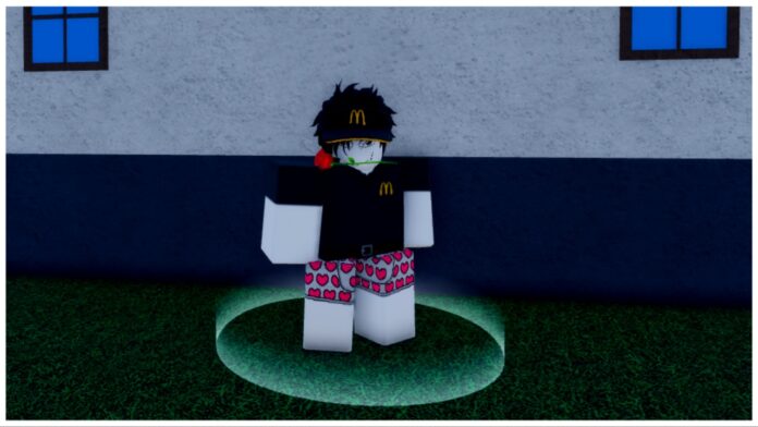 Feature image for our verse piece dungeons guide showing an npc in heart boxers with a rose in his mouth and a mcdonalds cap facing the viewer against a white building