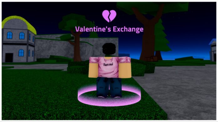 feature image for our verse piece valentine exchange guide showing the exchange npc in a pink 'retired' shirt during night time with a broken heart symbol above his head