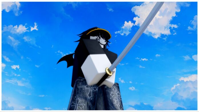 Feature image for our verse piece weapon tier list showing a player with their hands clasped over a blade which they hold out in front of them in a battle ready pose outside during a blue skies day