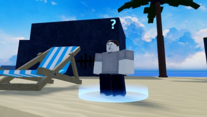 Feature image for our How To Get Dungeon Tickets In Verse Piece guide. Image shows an NPC standing near a blue striped sunbed on a beach.