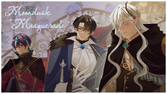 Feature image for our moondusk masquerade news piece showing the three romanceable options illustrated in their royal outfits looking towards the viewer