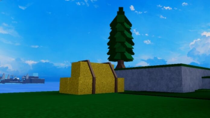 Feature image for our Verse Piece Whisp Spawn guide. Image shows hay, a tree, a small cliff, and the ocean and an island in the background.