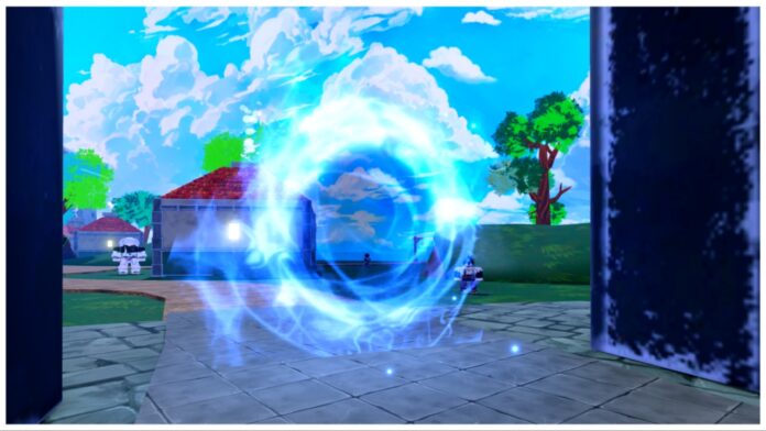 Feature image for our arise crossover island order guide showing the lucky kingdom with enemies in the background on a clear blue sky day. The focus of the image is a blue warped portal in the centre which is a dungeon entrance