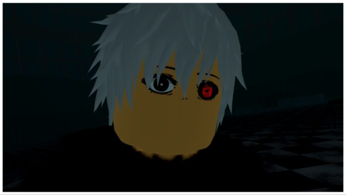 Feature image for our Ghoul RE Ghoul Clans guide showing a black background with a roblox rendition of Kaneki Ken with white hair and his half-ghoul eye looking shocked