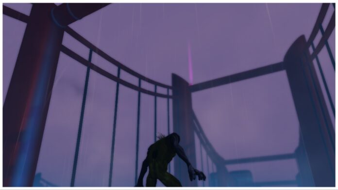 Feature image for our how to get air walking in hollow era guide showing the back of a hollow who is looking up at the pink beam of light on top of a red bridge