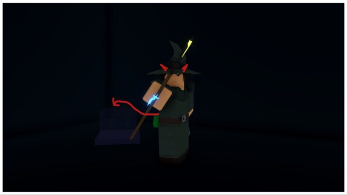 Feature image for our how to join the demon sect in rune slayer showing a character standing in a dark black box room with hand-drawn red horns and tail