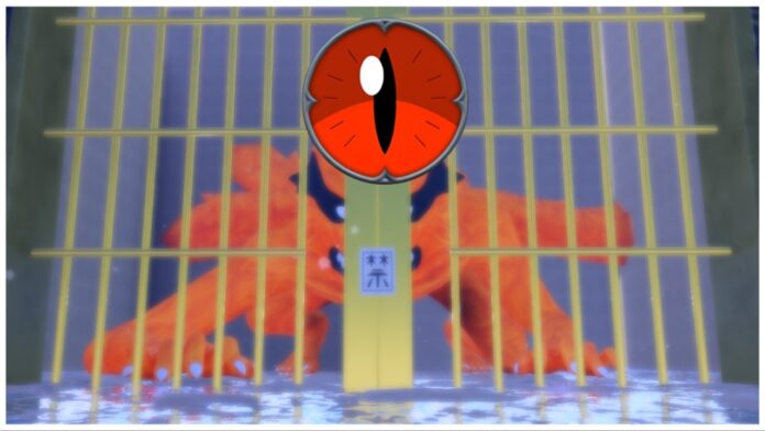 Feature image for our ninja time how to get 9-tailed beast mode guide showing the kuruma boss behind bars with the red eye logo in the top centre of the image