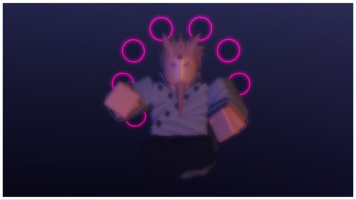 Feature image for our ninja time white eyes guide showing a character with several pink rings floating in a circle behind his body as he floats in dead space looking to the viewer. the character has strange face markings and two horns coming from his head and a single bear spike pointing downwards