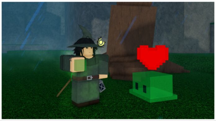 Feature image for our rune slayer pet tier list showing a player holding a slime chunk to a slime which has a red heart above his head