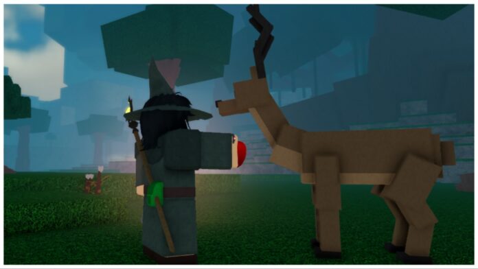 Feature image for our rune slayer pets guide showing a player side-on holding an apple to a deer in a forest