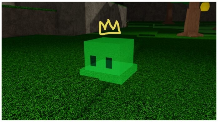 Feature image for our rune slayer slime king guide showing a regular green slime with a hand-drawn crown