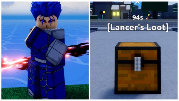 feature image for our verse piece lancer guide showing the lancer boss on the left side as he raises a fist and looks to the player with his weapon in the hand hidden to his side on the right it shows lancers loot chest